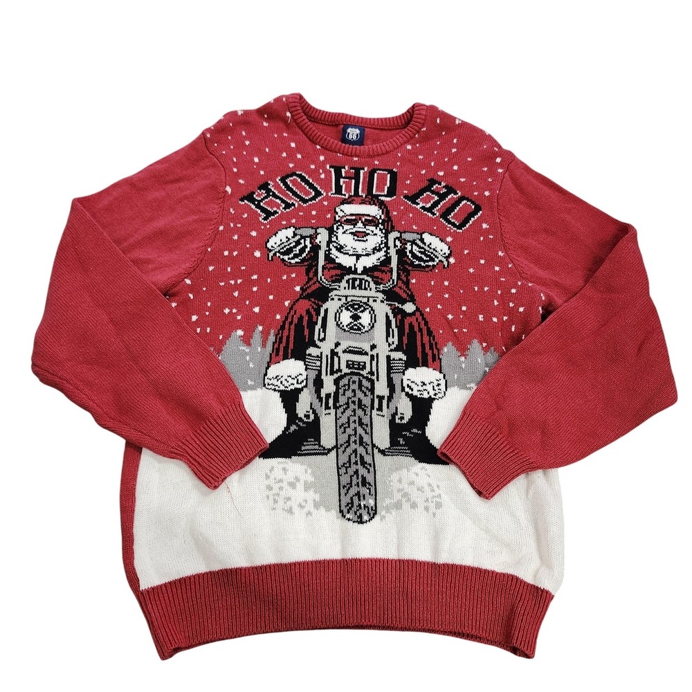 Route 66 Sweater Mens Large Red Santa Motorcycle Ugly Christmas Pullover